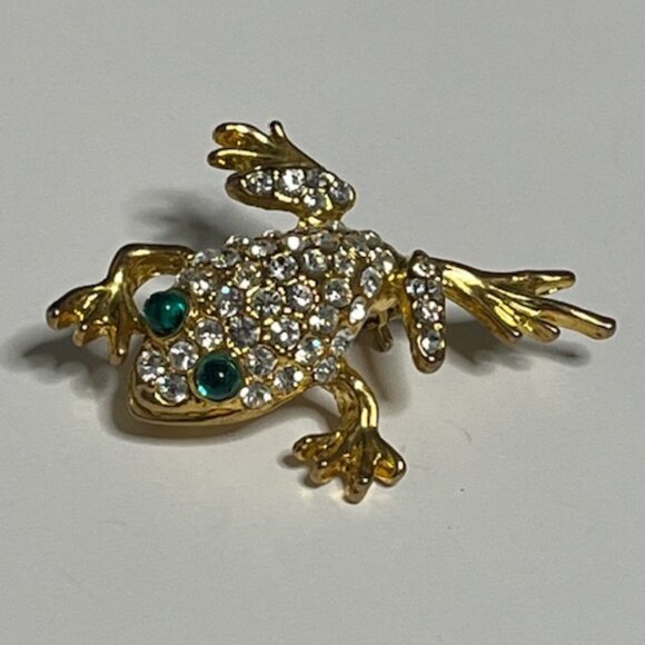 Clear Green Rhinestones Gold Tone Leaping Frog Brooch Pin 1.25" - Picture 1 of 14